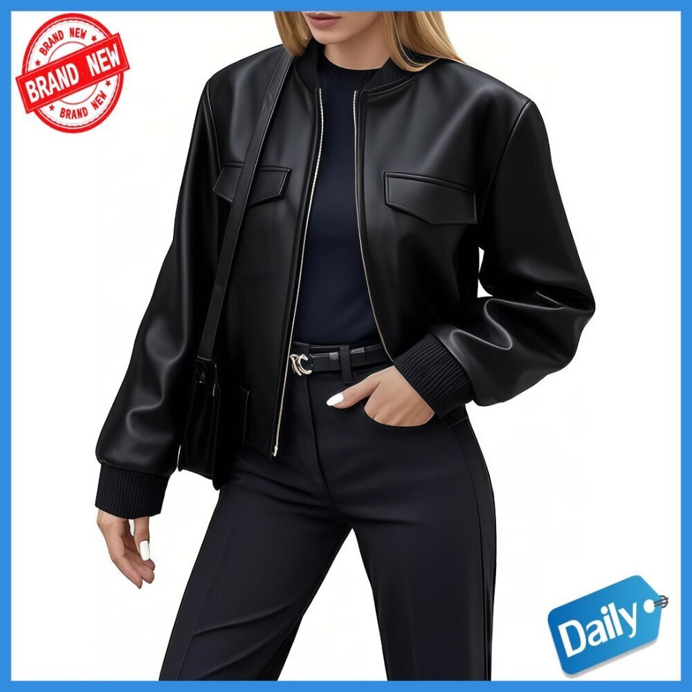 Faux Leather Cropped Bomber Jacket Fitted Long Sleeve Casual Outfit